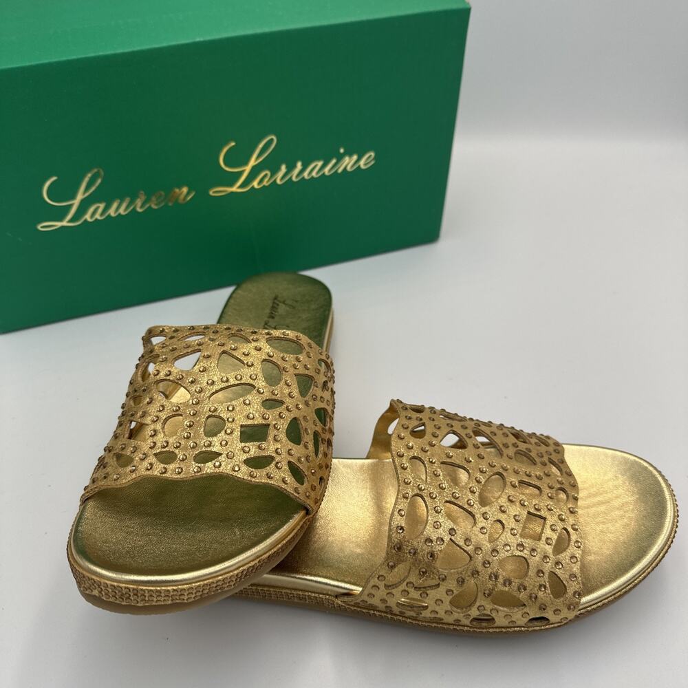 Lauren Lorraine Byanka Crystal Gold Flat Slide Sandal  Size 7 New In‎ Box
